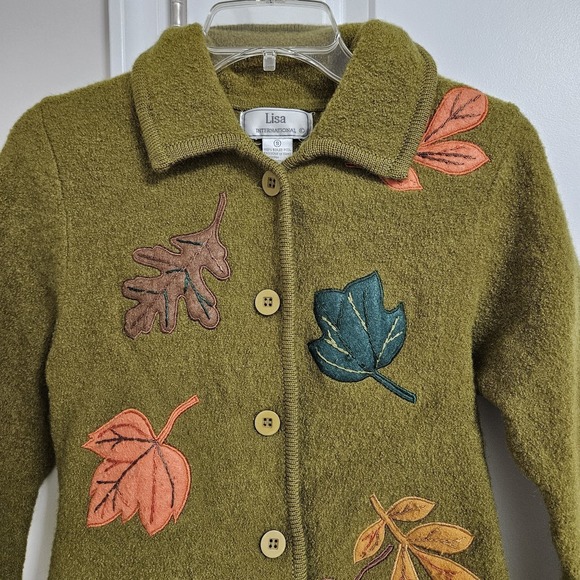 Lisa International Cardigan Women S Green Boiled Wool Leaf Applique Button Front - Picture 4 of 10